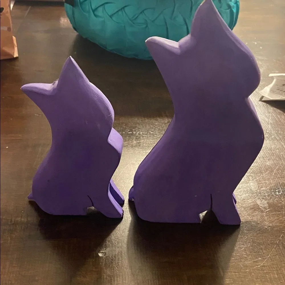 Vintage Laurel Burch Style Cat Statue Wood Carved Bright Purple set of 2